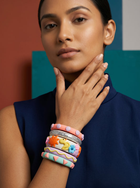 Sunshine Charm Clay Bangle Stack — Hand-Sculpted Statement Set