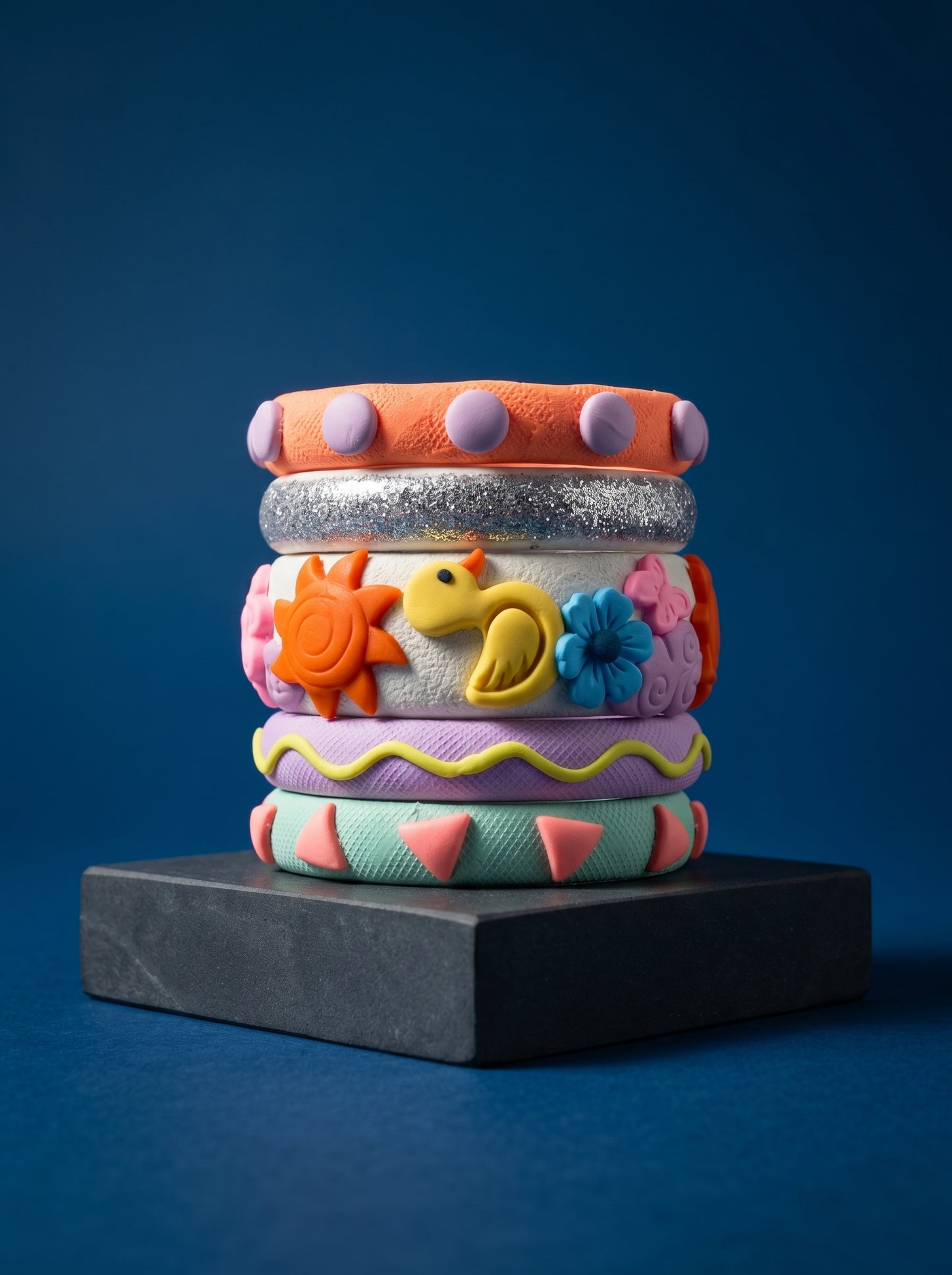 Sunshine Charm Clay Bangle Stack — Hand-Sculpted Statement Set