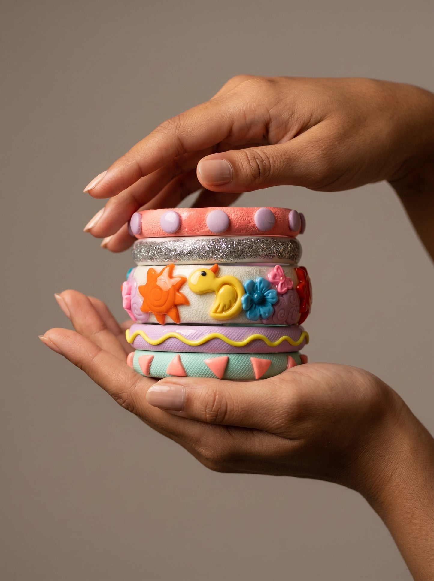 Sunshine Charm Clay Bangle Stack — Hand-Sculpted Statement Set