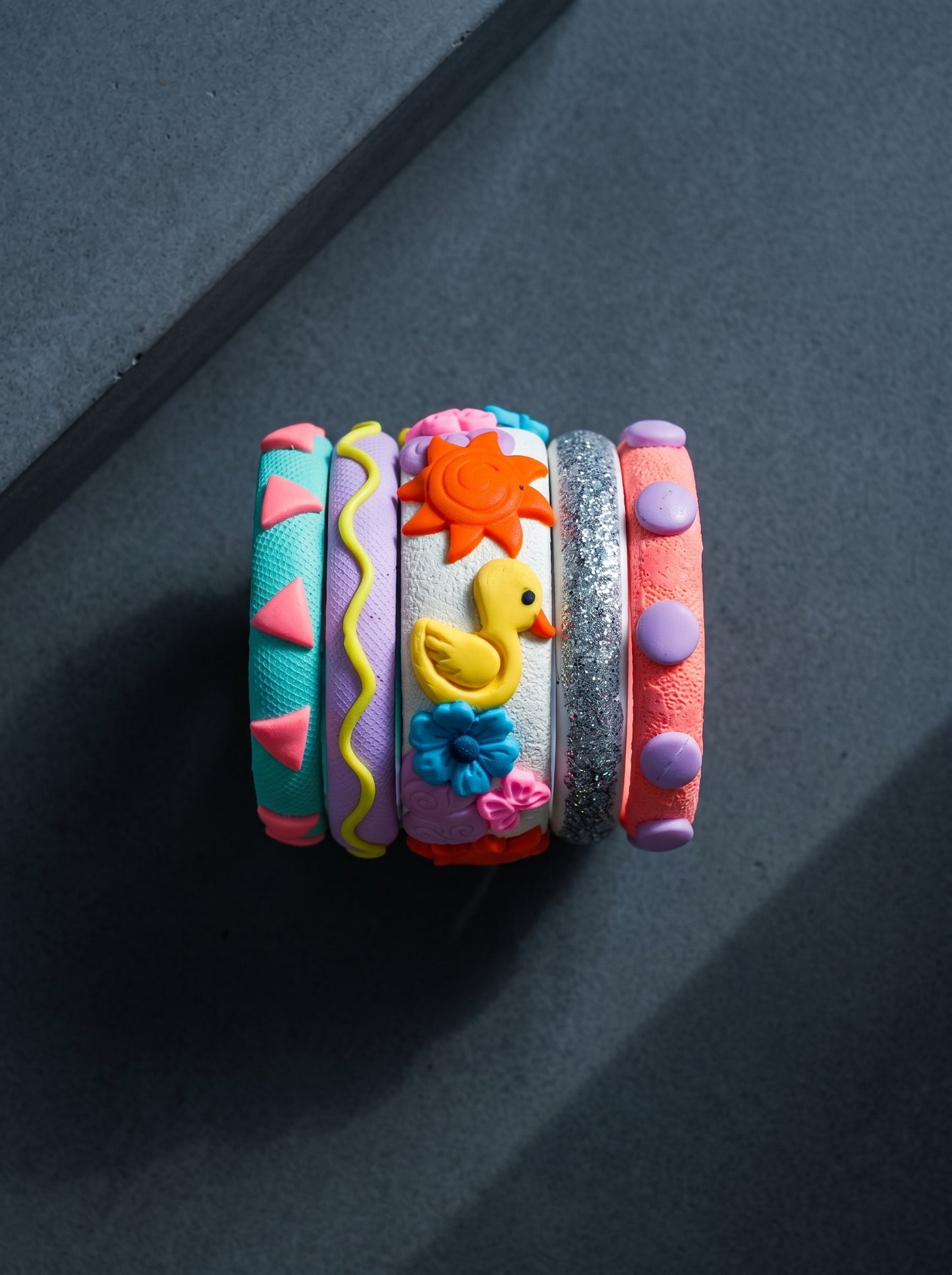 Sunshine Charm Clay Bangle Stack — Hand-Sculpted Statement Set