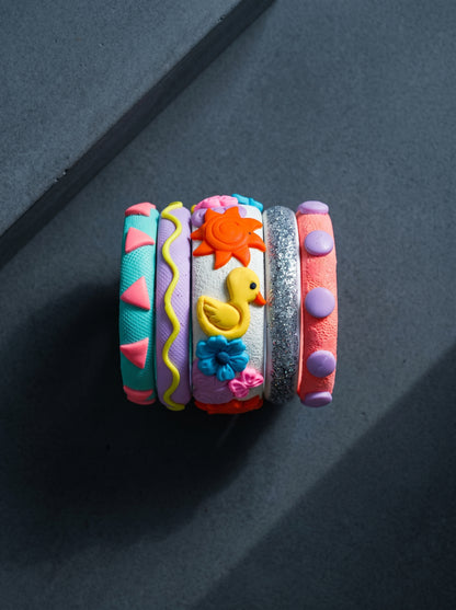 Sunshine Charm Clay Bangle Stack — Hand-Sculpted Statement Set