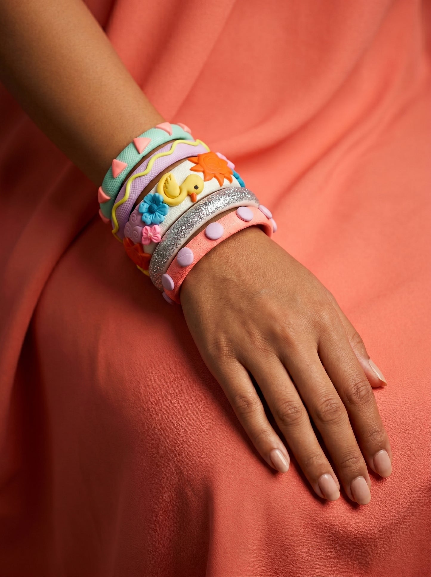 Sunshine Charm Clay Bangle Stack — Hand-Sculpted Statement Set