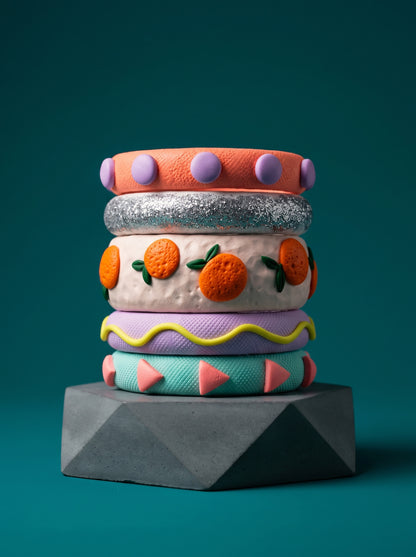 Citrus Pop Clay Bangle Stack — Hand-Sculpted Fruit Bangles