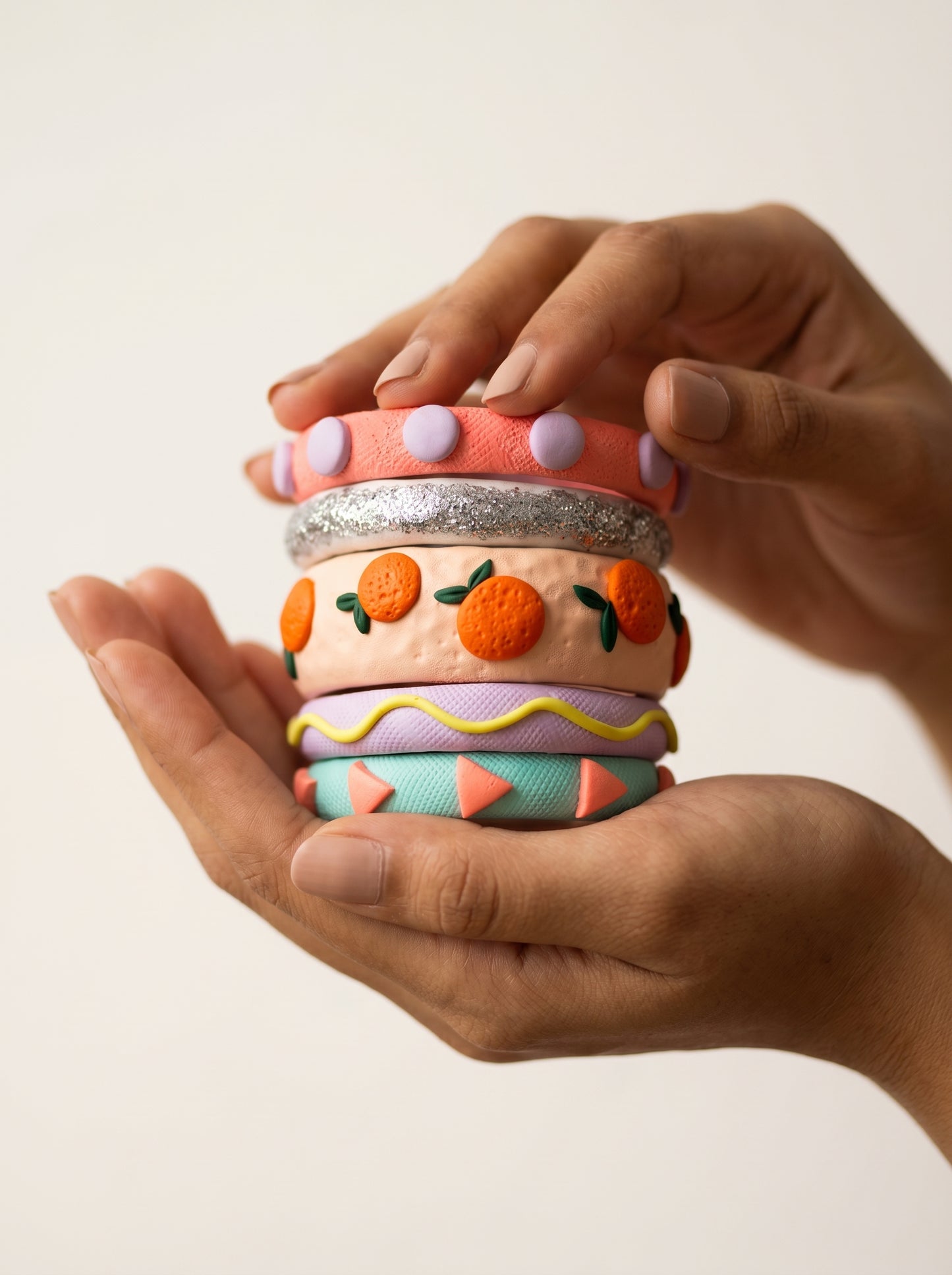 Citrus Pop Clay Bangle Stack — Hand-Sculpted Fruit Bangles