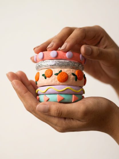 Citrus Pop Clay Bangle Stack — Hand-Sculpted Fruit Bangles