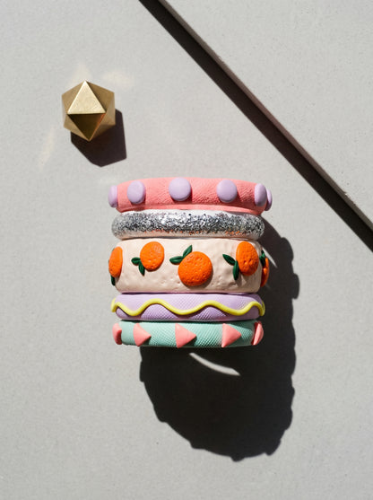 Citrus Pop Clay Bangle Stack — Hand-Sculpted Fruit Bangles