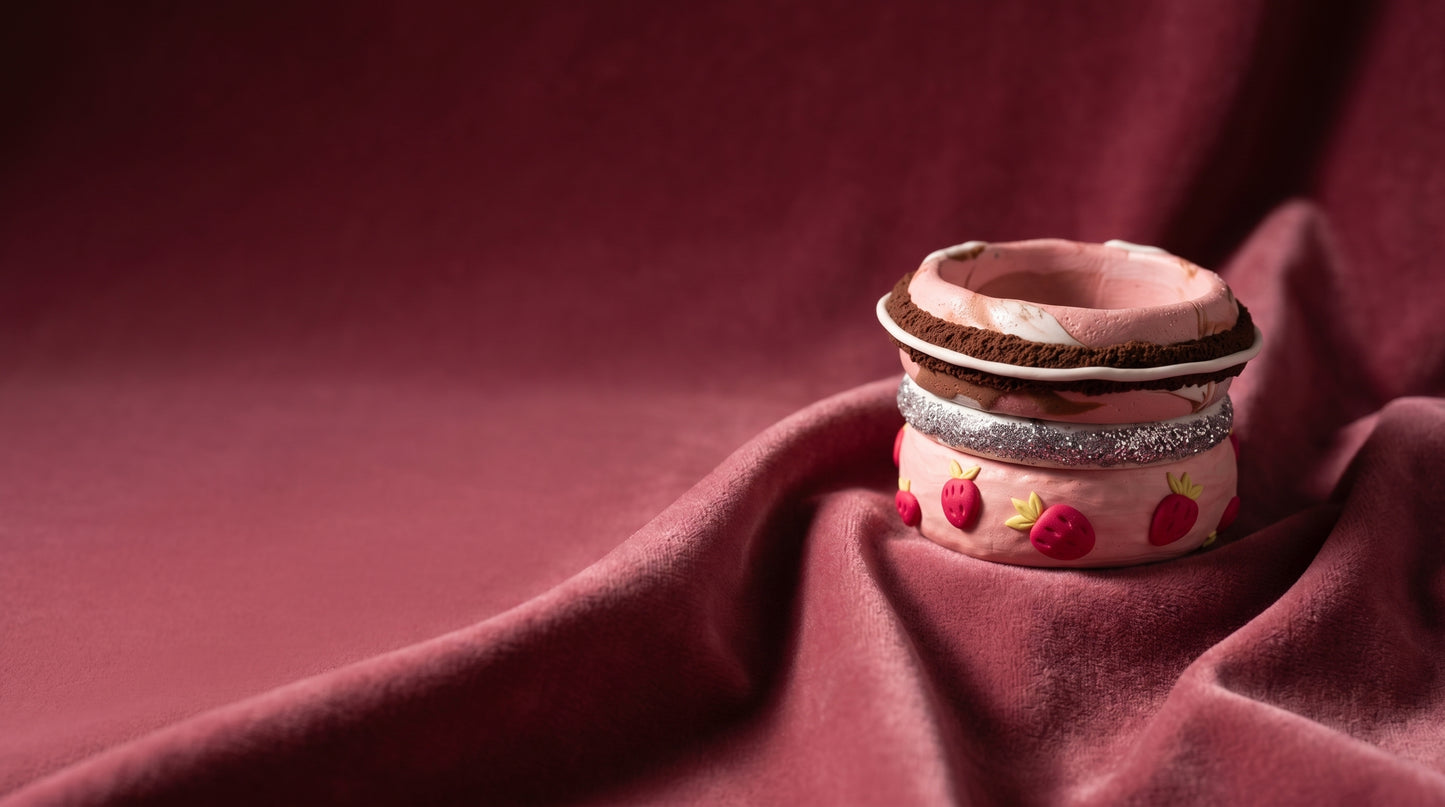 Strawberry Dream Clay Bangle Stack — Handcrafted Polymer Clay