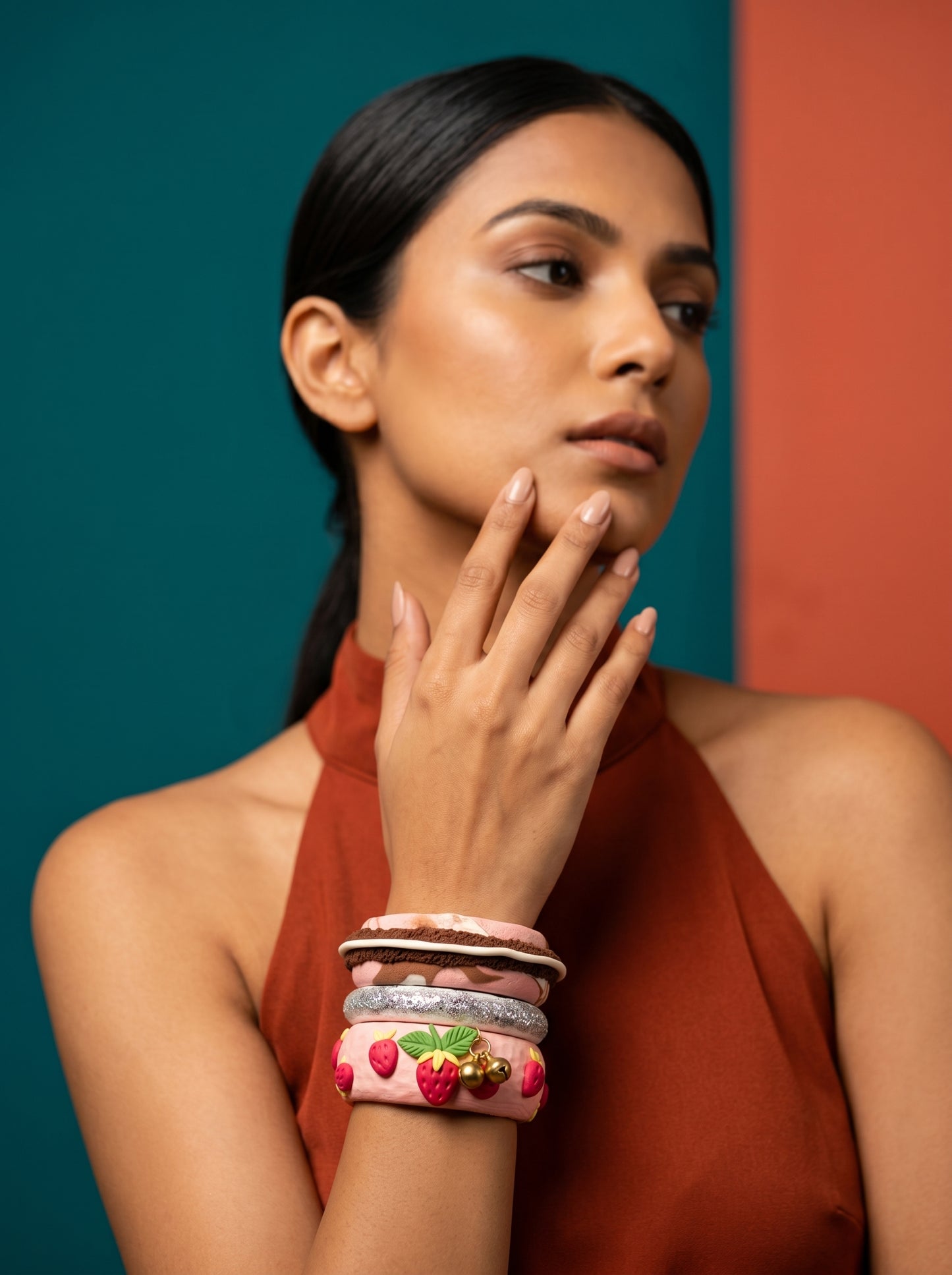 Strawberry Dream Clay Bangle Stack — Handcrafted Polymer Clay