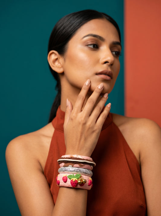 Strawberry Dream Clay Bangle Stack — Handcrafted Polymer Clay