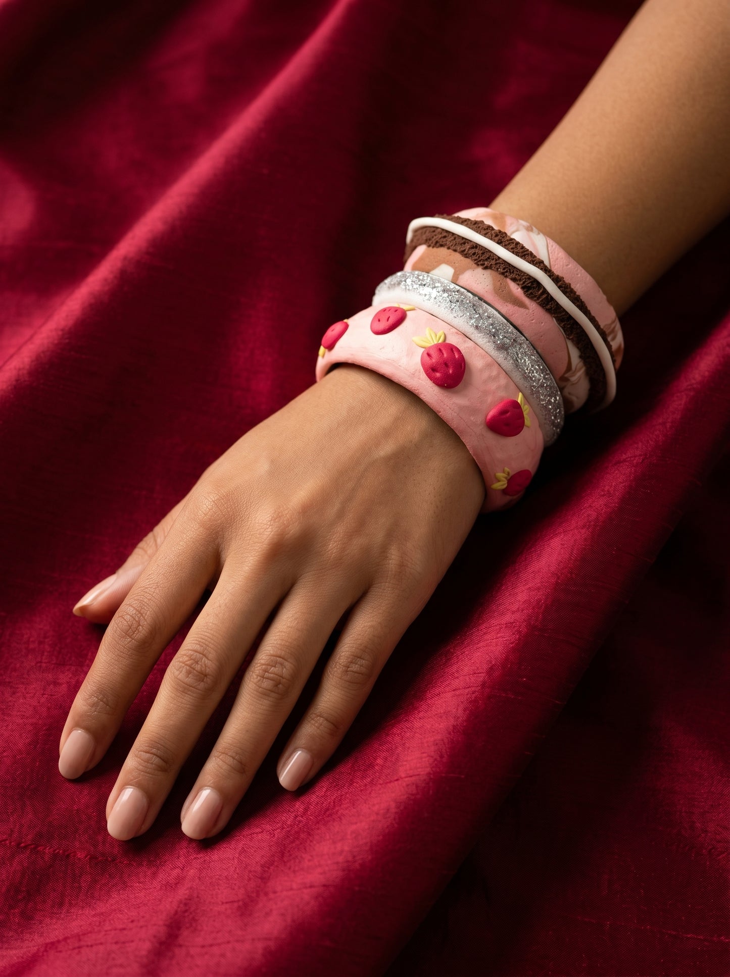 Strawberry Dream Clay Bangle Stack — Handcrafted Polymer Clay