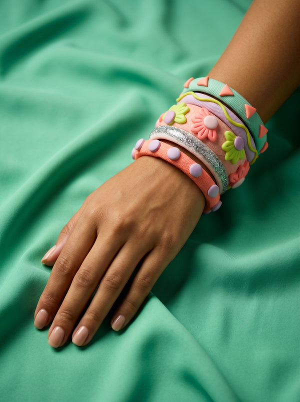 Daisy Meadow Clay Bangle Stack — Hand-Sculpted Floral Set