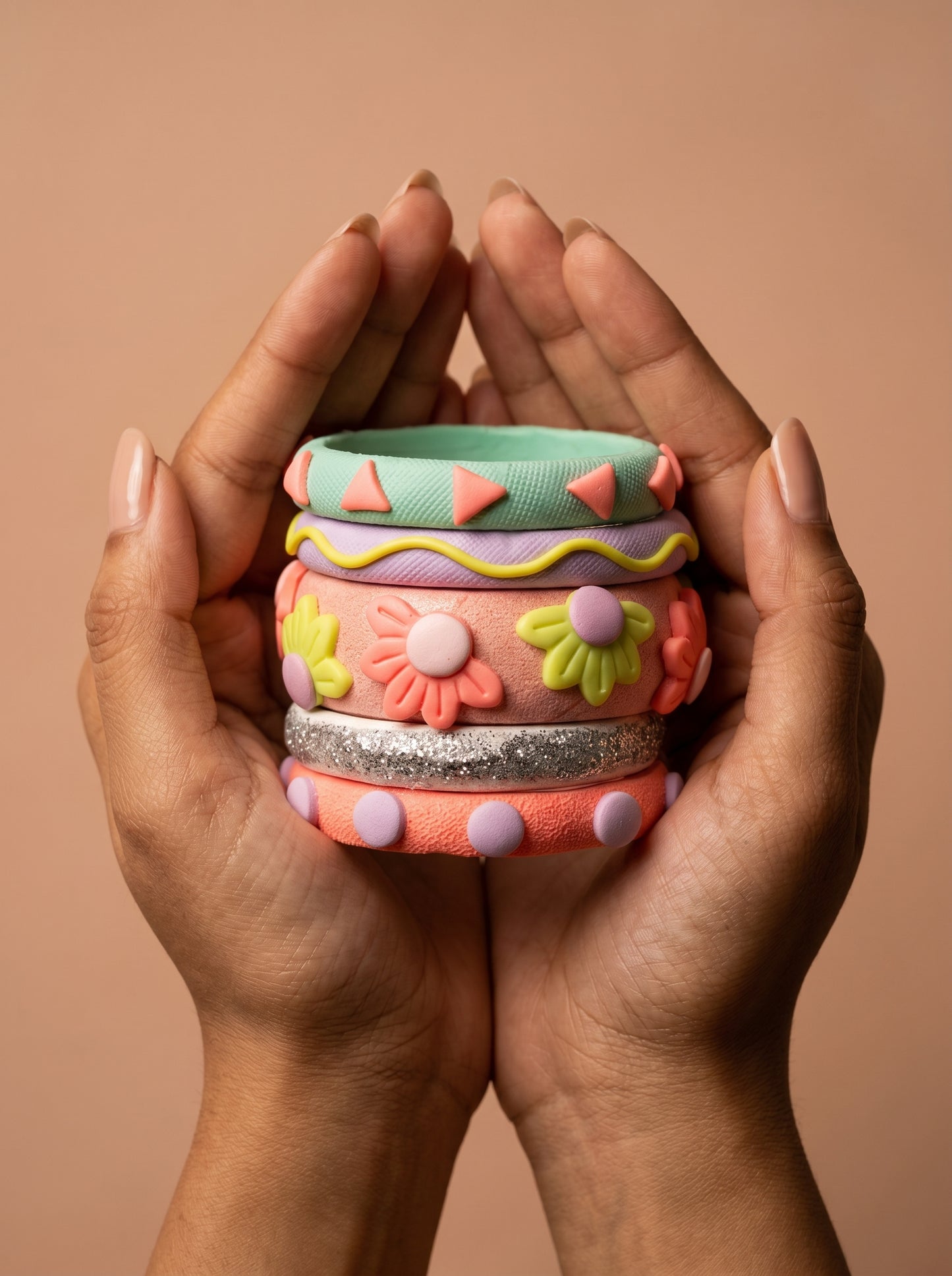 Daisy Meadow Clay Bangle Stack — Hand-Sculpted Floral Set
