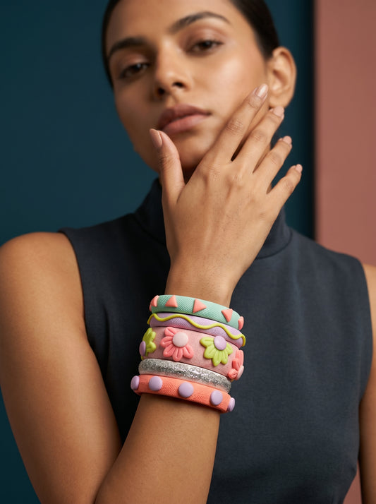 Daisy Meadow Clay Bangle Stack — Hand-Sculpted Floral Set