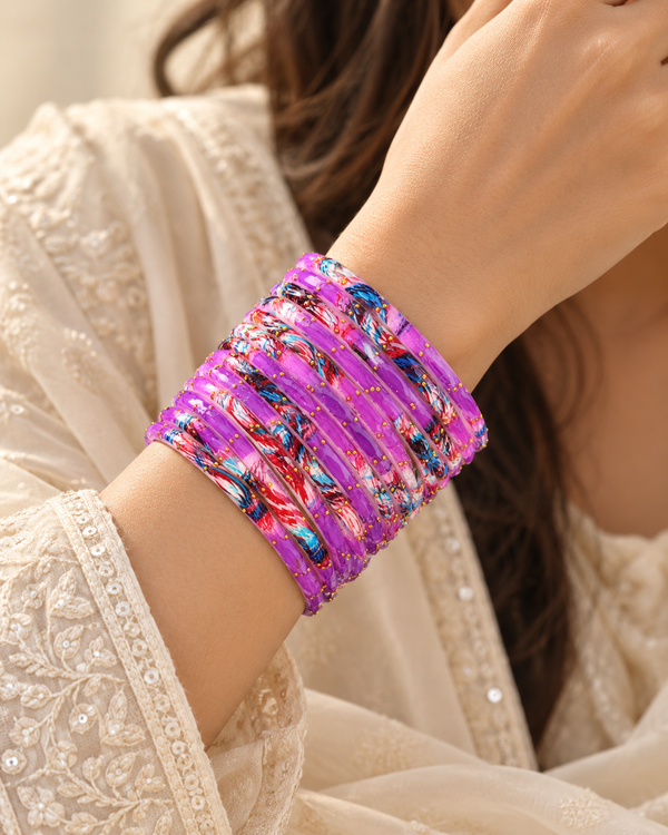 🌸Violet Glass Bangle Set | Purple Faceted Printed