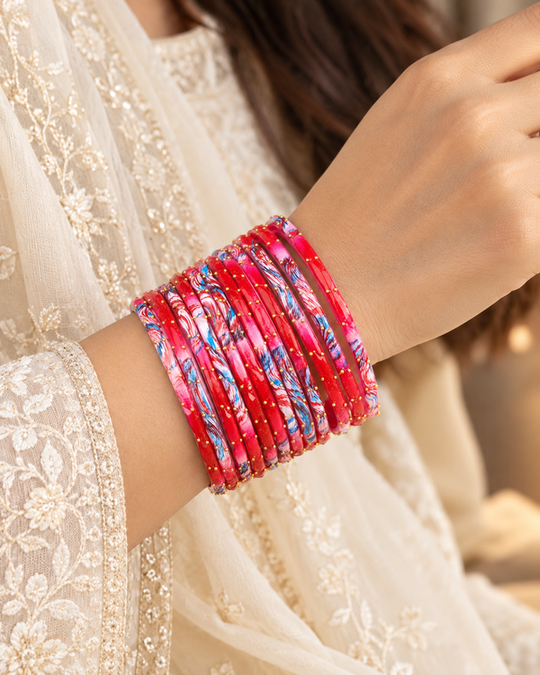 🌸Noor Red Glass Bangle Set | Classic Red Faceted