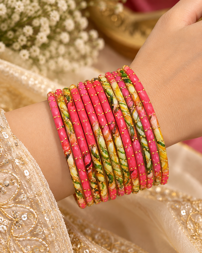 🌸 Pink Floral Glass Bangles – Multicolor Gold Beaded Set