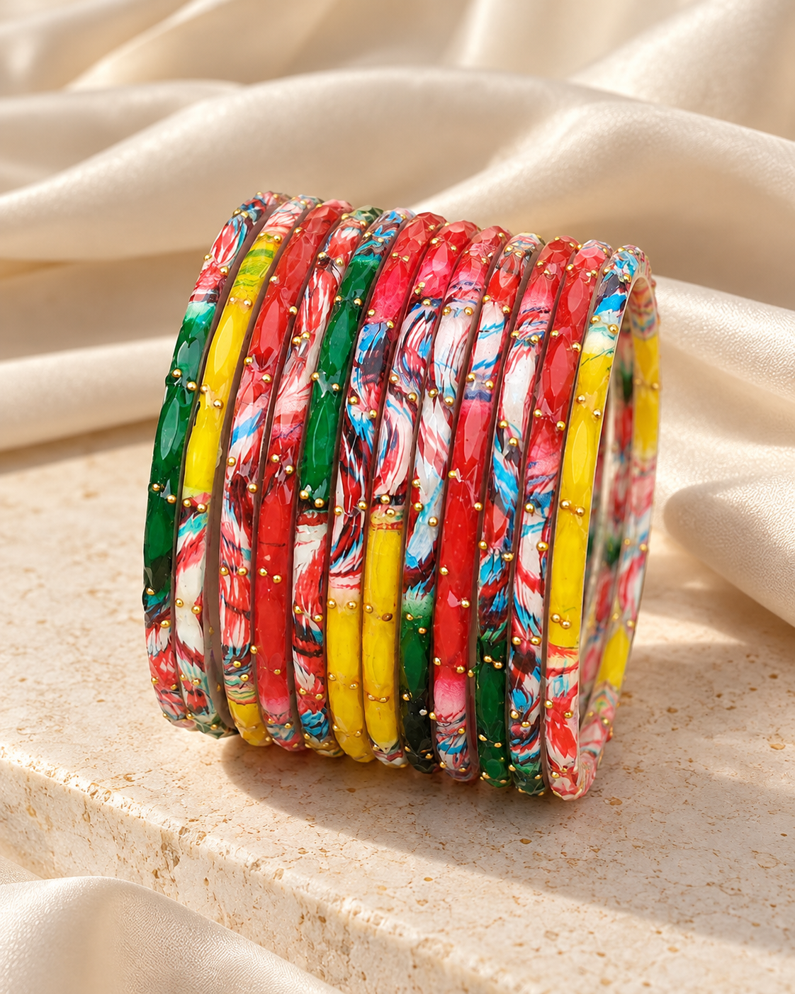 🌸 Rangmahal Multicolour Glass Bangle Set | Red, Yellow