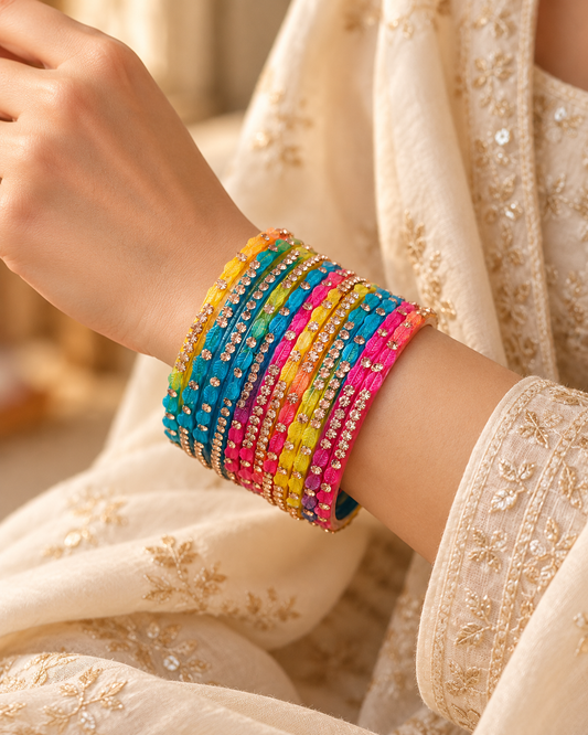 🍀Rainbow Radiance Multicolour Leaf Glass Bangle Set | Stone-Studded