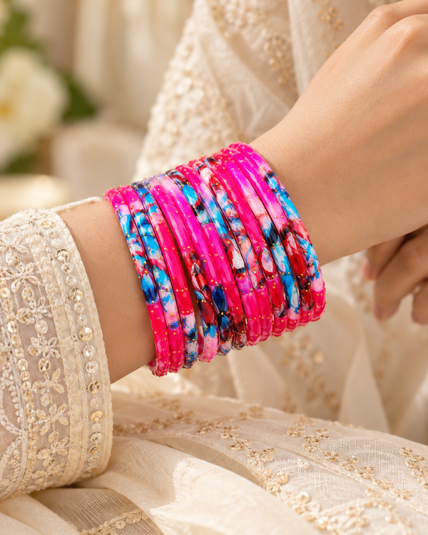 🌸Hot Pink Marble Bangle Set | Vibrant Magenta Faceted