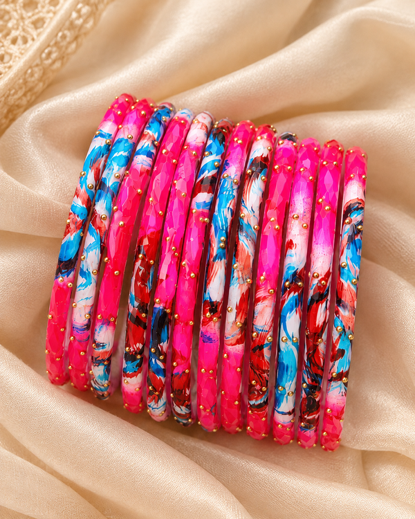 🌸Hot Pink Marble Bangle Set | Vibrant Magenta Faceted