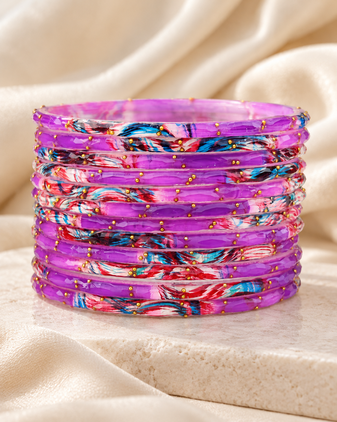 🌸Violet Glass Bangle Set | Purple Faceted Printed