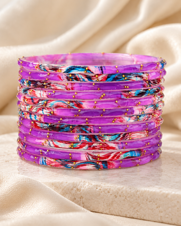 🌸Violet Glass Bangle Set | Purple Faceted Printed
