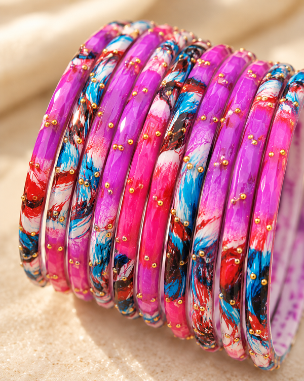 🌸Violet Glass Bangle Set | Purple Faceted Printed
