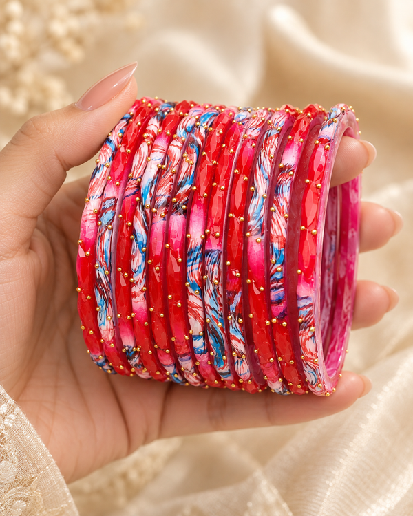 🌸Noor Red Glass Bangle Set | Classic Red Faceted