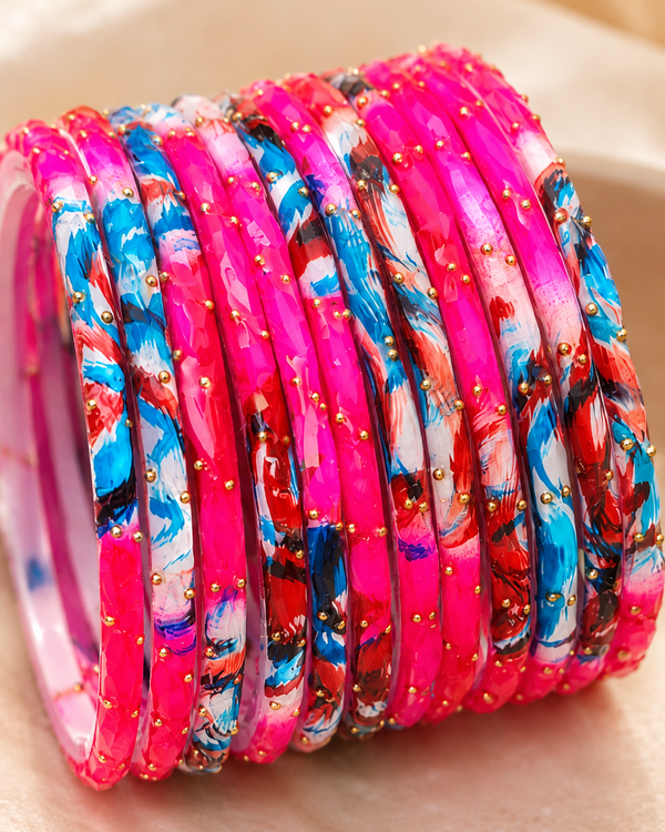 🌸Hot Pink Marble Bangle Set | Vibrant Magenta Faceted