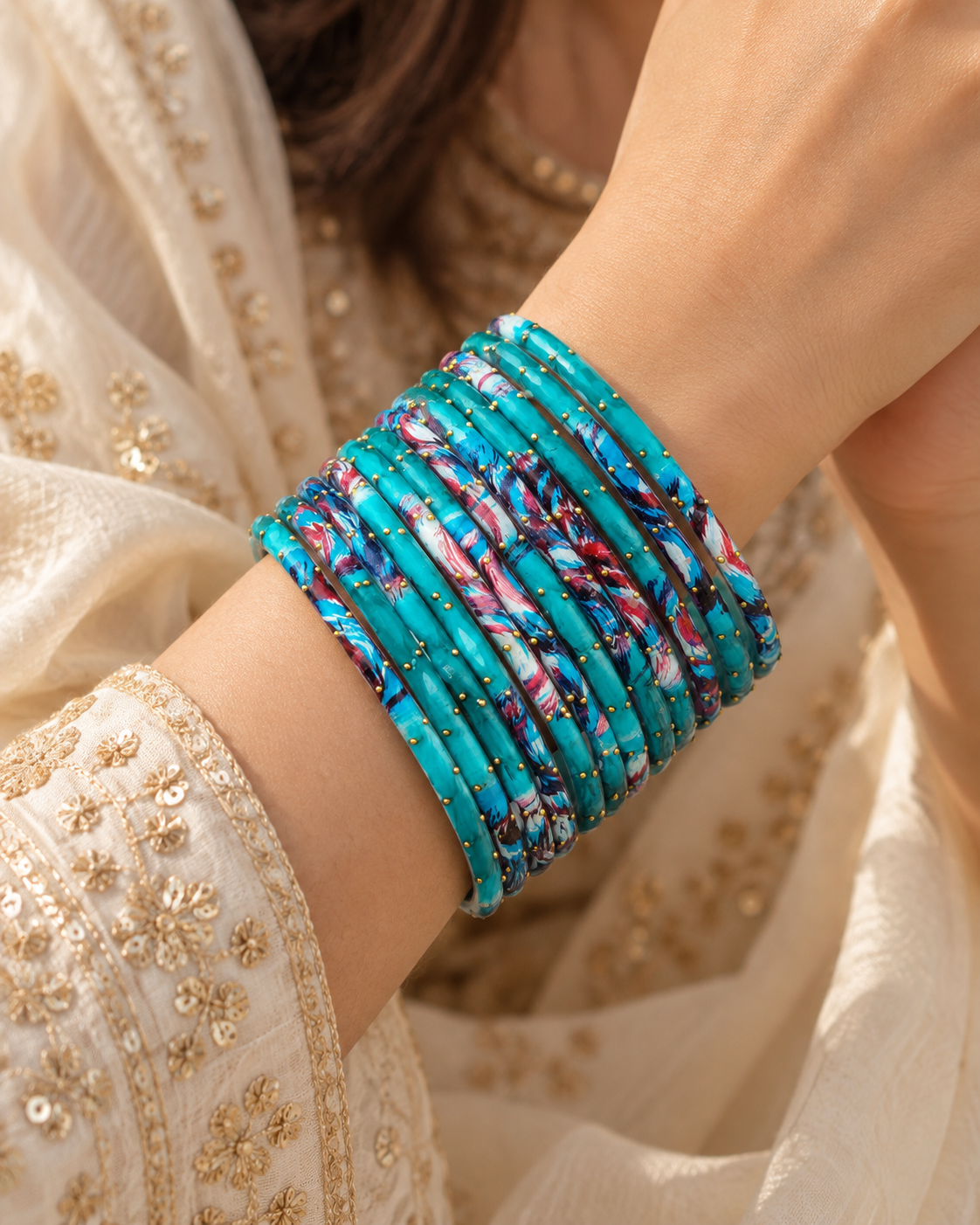 🌸Aqua Blue Glass Bangle Set | Turquoise Faceted