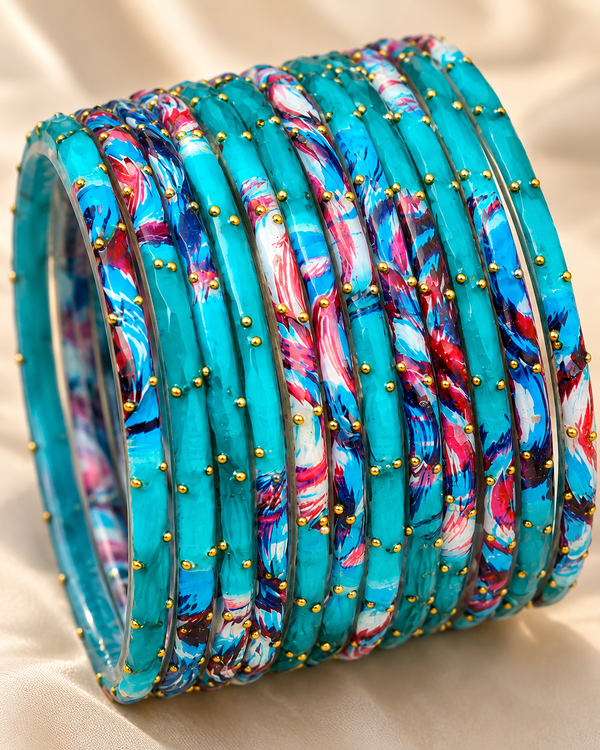 🌸Aqua Blue Glass Bangle Set | Turquoise Faceted