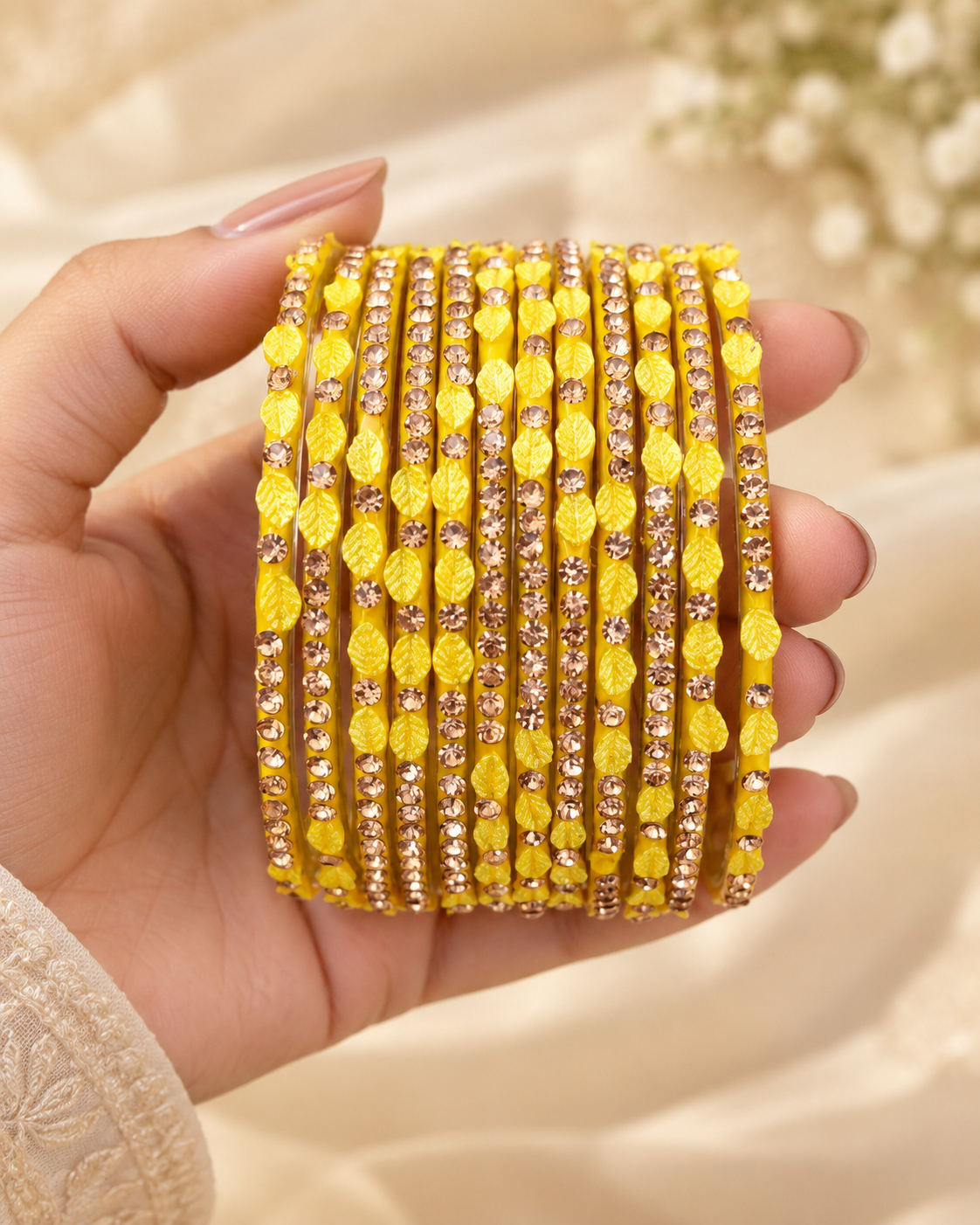 🍀Glow Yellow Leaf Glass Bangle Set | Stone-Studded