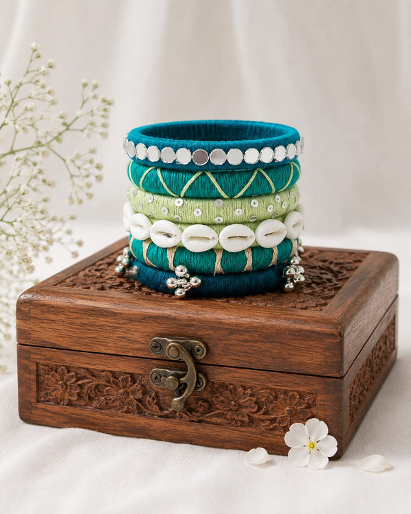 Teal Green Shell & Mirror Thread Bangles