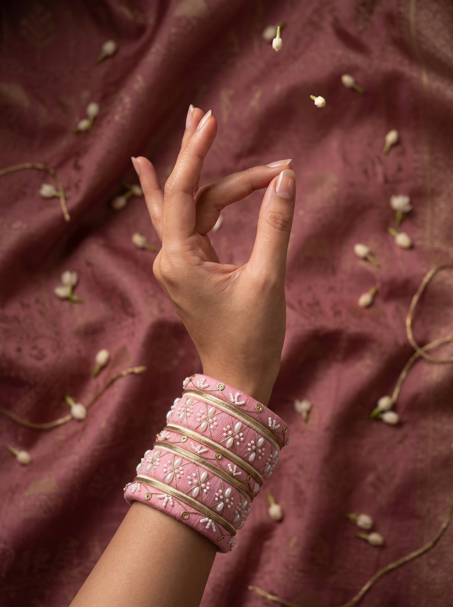 Blush Romance Pearl-Embellished Pink Bangle Stack