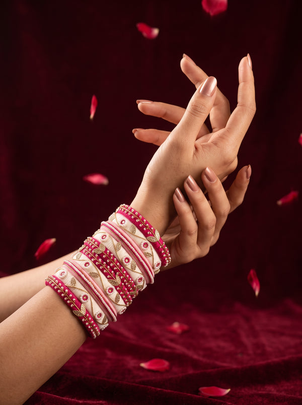 Fuchsia Festivity Hand-Embroidered Silk Bangle Stack