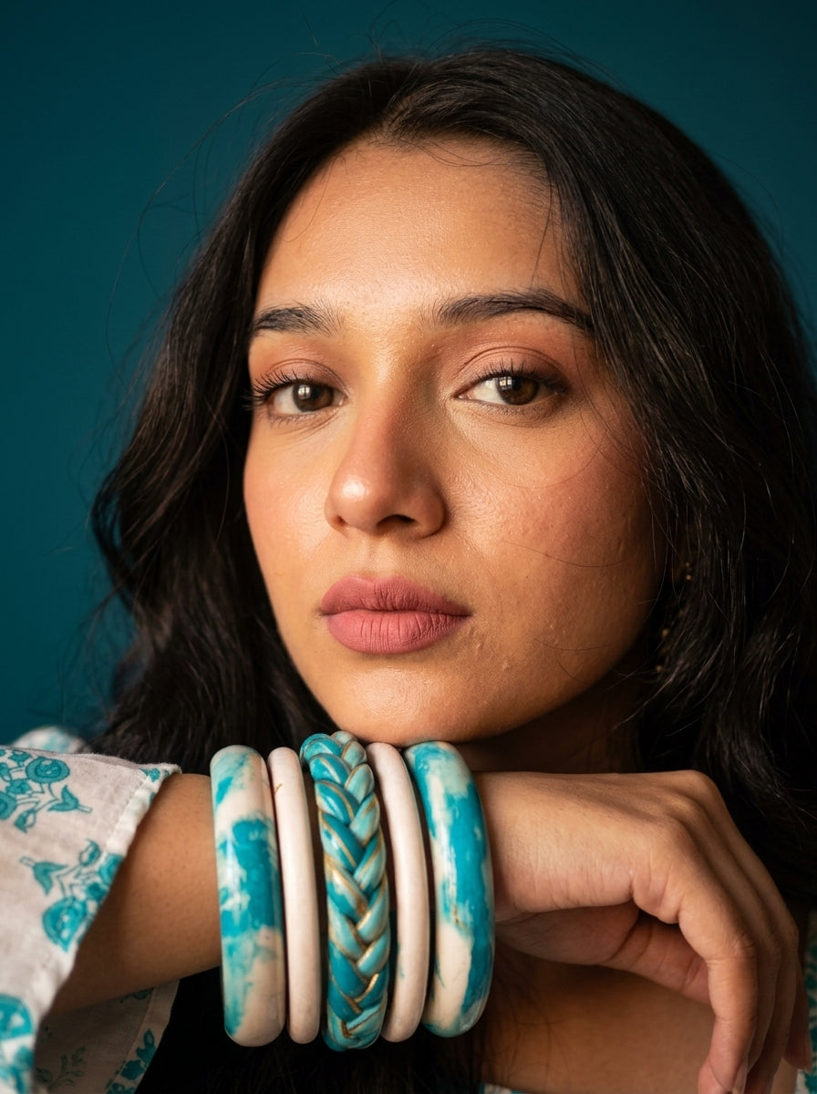 Turquoise Tide Lac Bangle Set — Hand-Braided Lac Stack