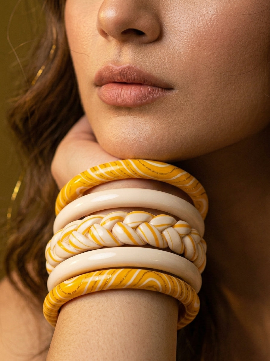 Golden Swirl Lac Bangle Set — Hand-Braided Lac Stack