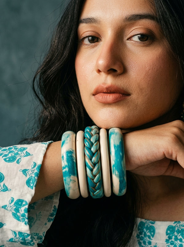 Turquoise Tide Lac Bangle Set — Hand-Braided Lac Stack