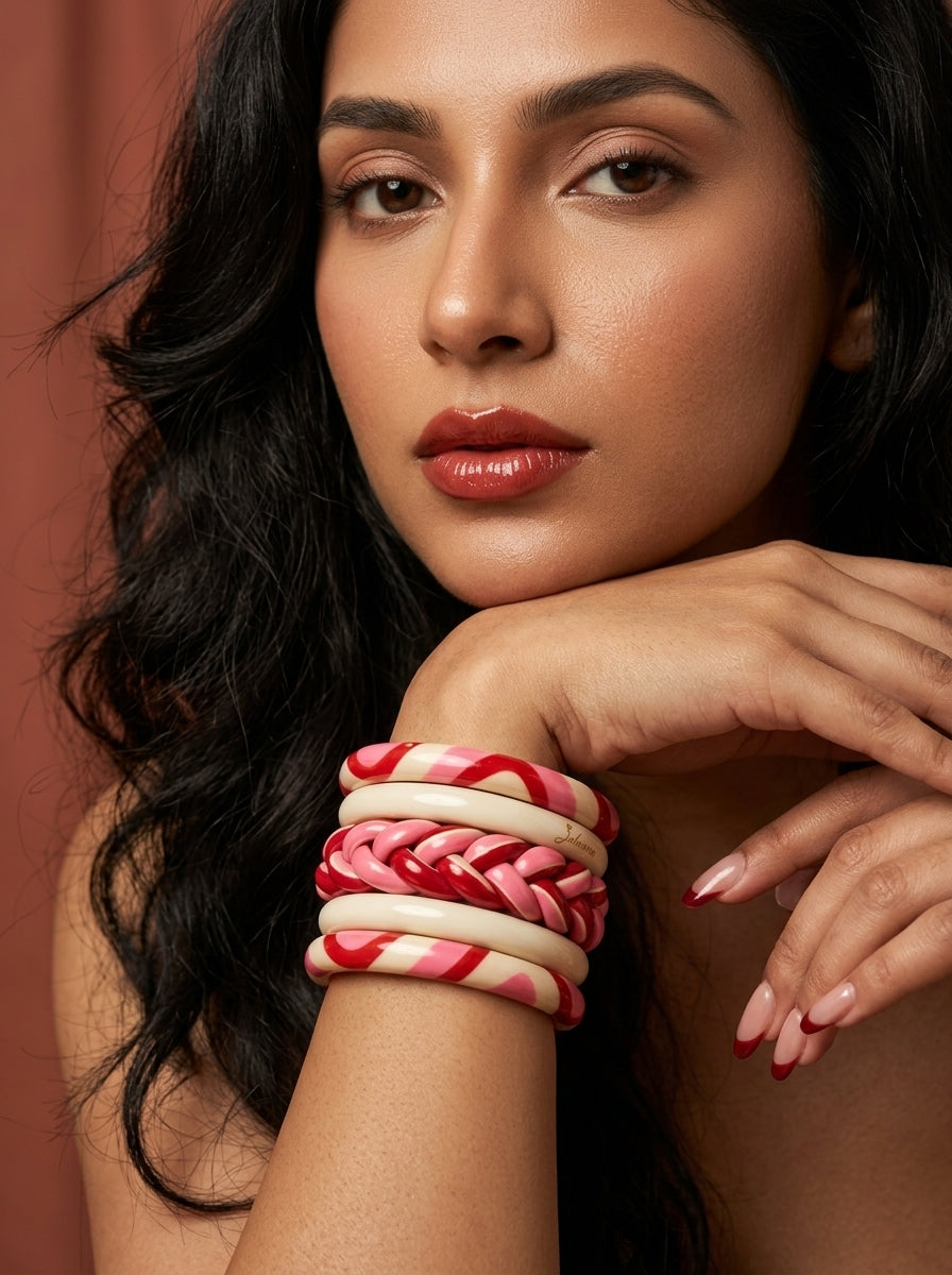 Crimson Veil Lac Bangle Set — Hand-Braided Lac Stack