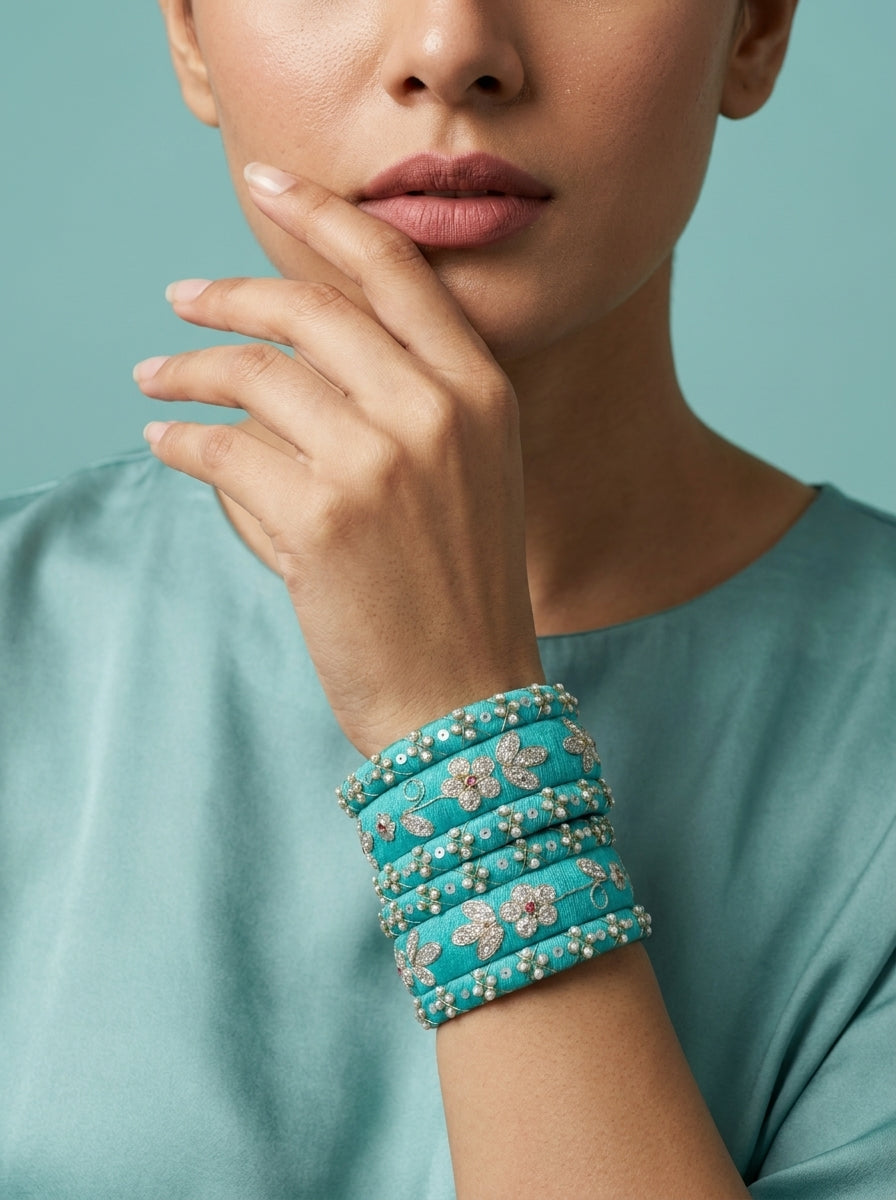Zahvana Turquoise Bloom Handcrafted Zari & Sequin Bangle Stack