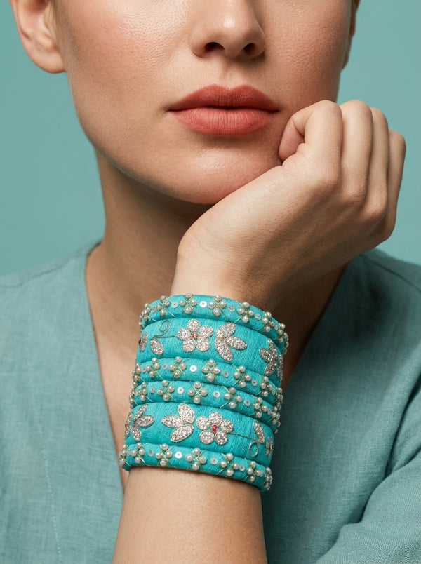 Zahvana Turquoise Bloom Handcrafted Zari & Sequin Bangle Stack