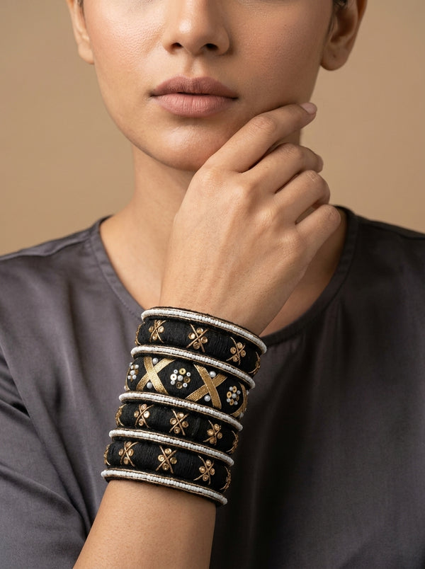 Royal Noir Velvet & Gold Handcrafted Bangle Stack