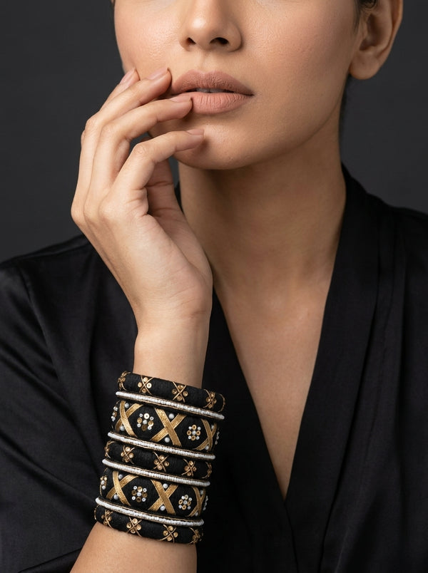 Royal Noir Velvet & Gold Handcrafted Bangle Stack