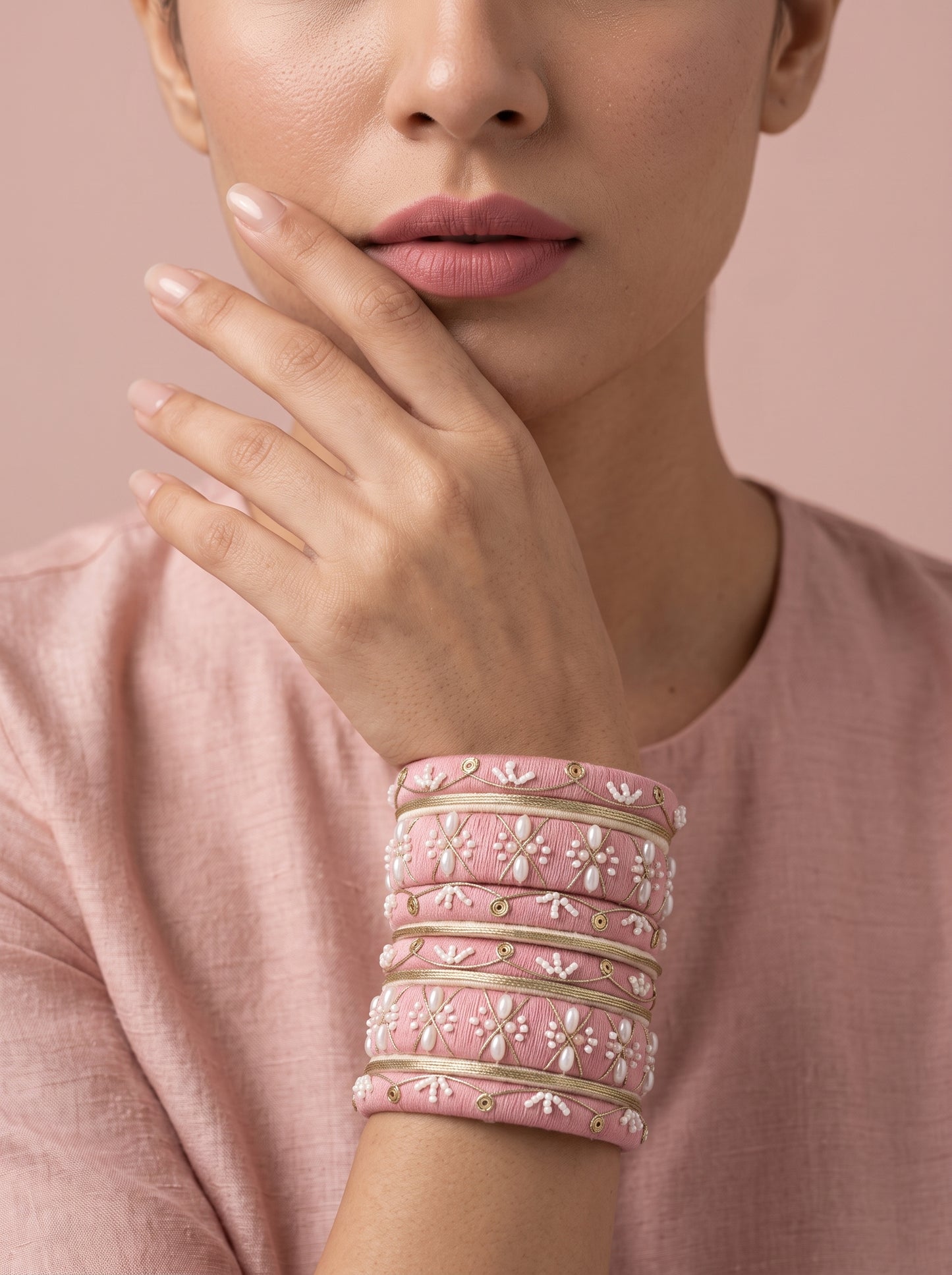Blush Romance Pearl-Embellished Pink Bangle Stack