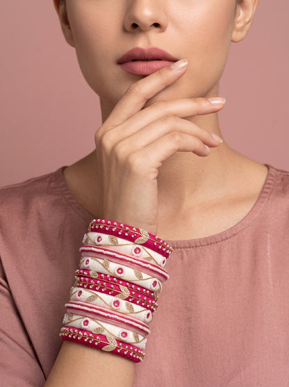 Fuchsia Festivity Hand-Embroidered Silk Bangle Stack