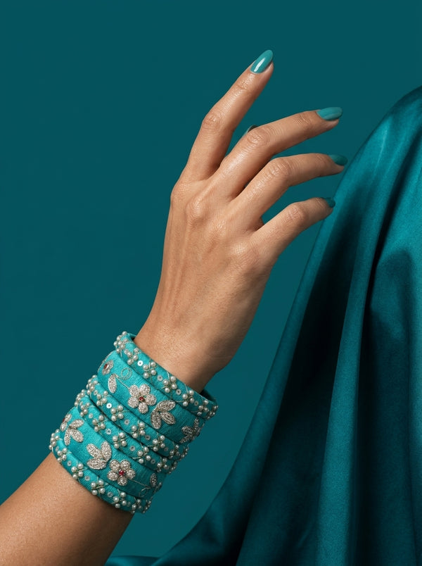 Zahvana Turquoise Bloom Handcrafted Zari & Sequin Bangle Stack