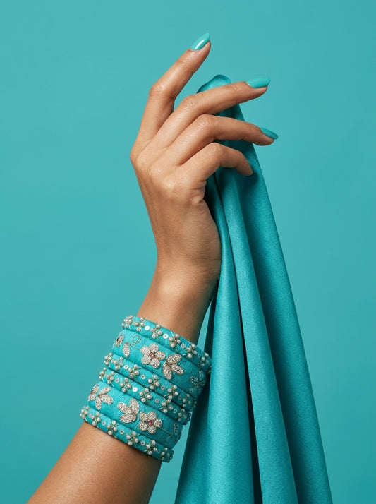 Zahvana Turquoise Bloom Handcrafted Zari & Sequin Bangle Stack