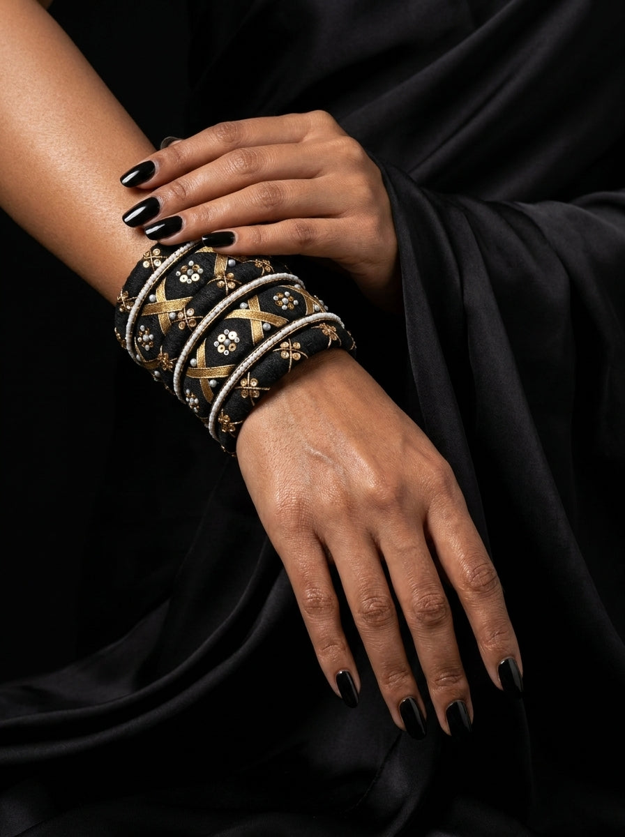 Royal Noir Velvet & Gold Handcrafted Bangle Stack
