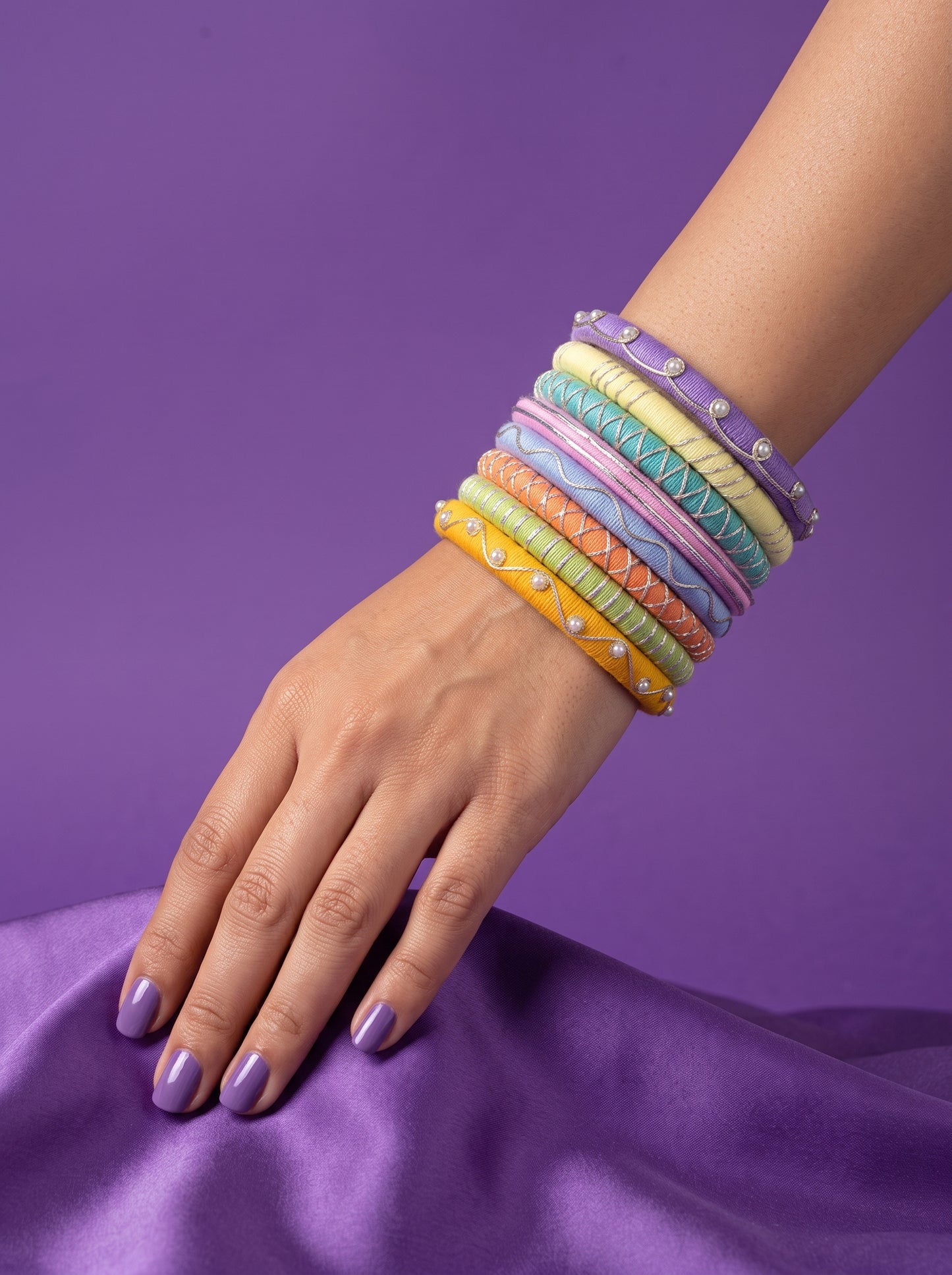 Pastel Symphony Pearl-Bordered Multi-Color Bangle Stack