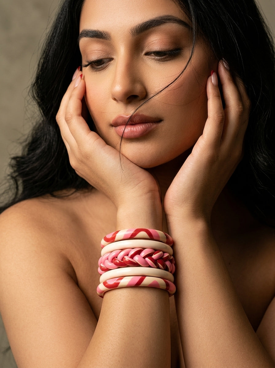 Crimson Veil Lac Bangle Set — Hand-Braided Lac Stack